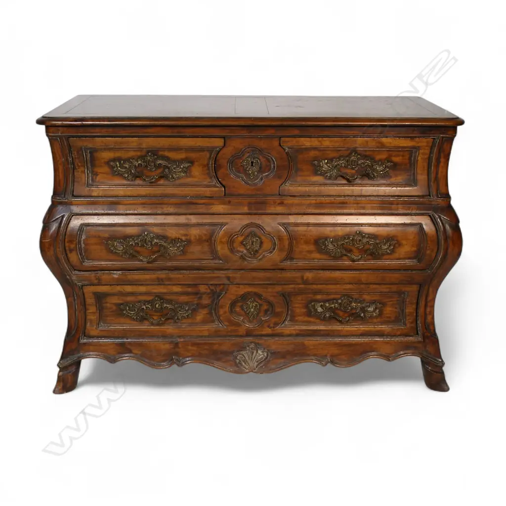 A French antique style walnut bombe commode, Image 1++