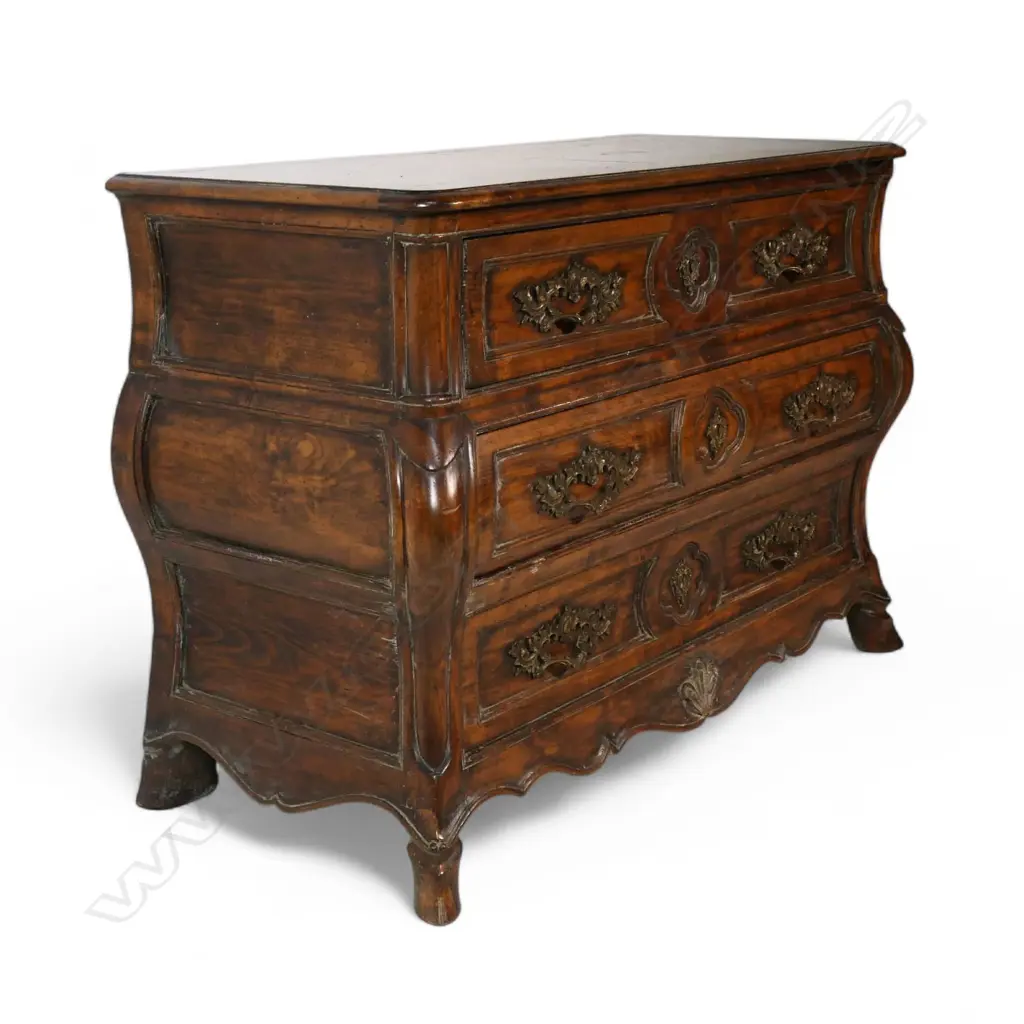 A French antique style walnut bombe commode, Image 1++