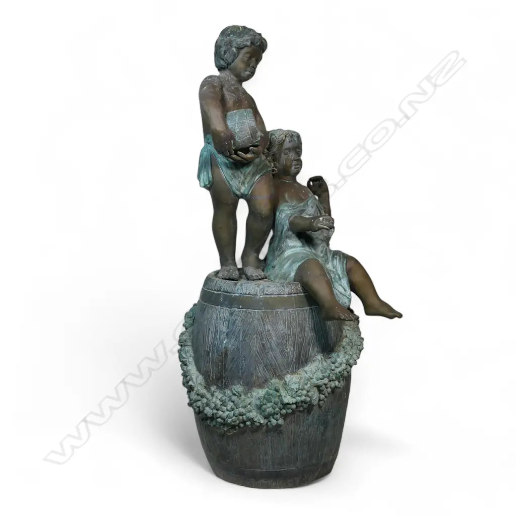 A very large bronze figure group of two children upon a wine barrel, Image 1++