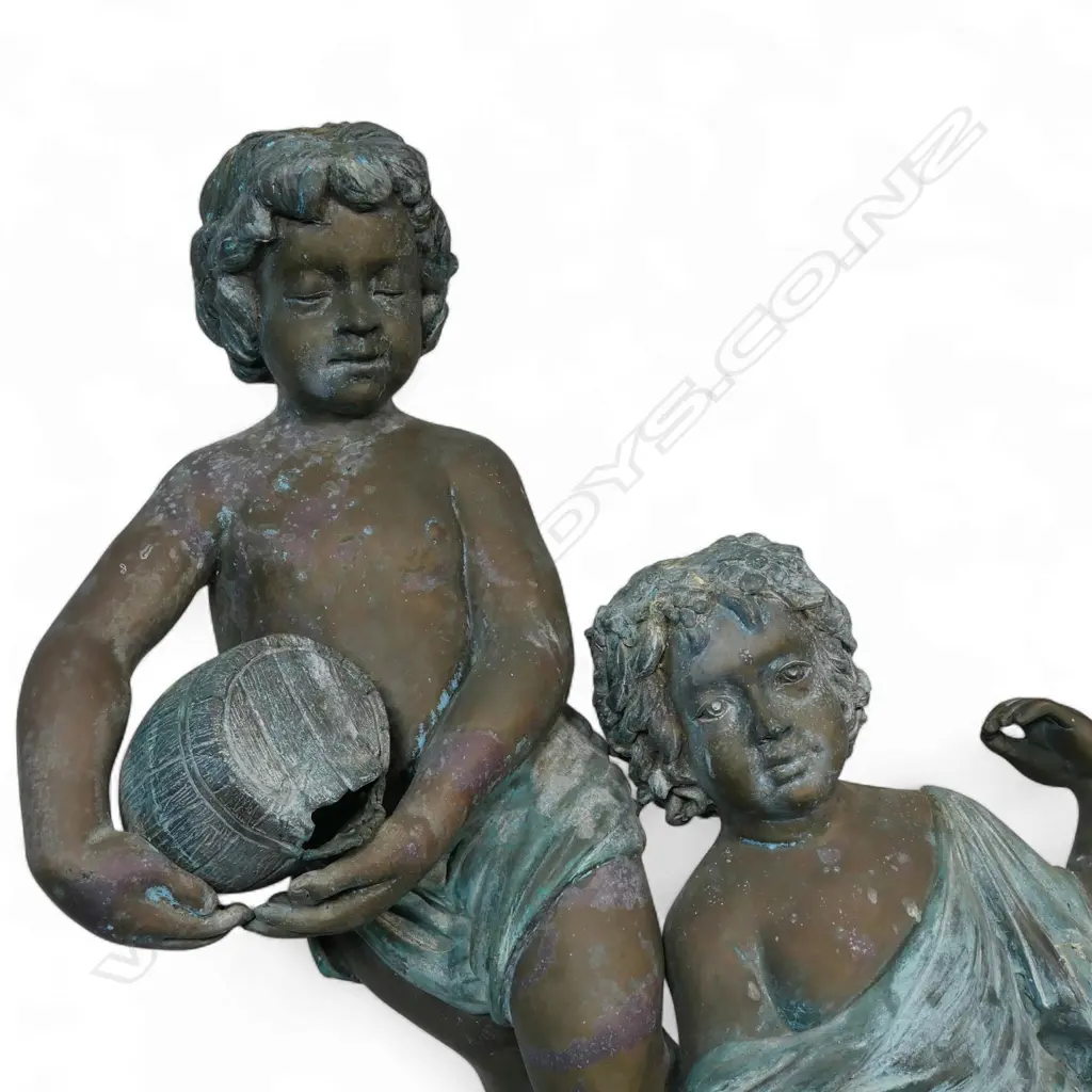 A very large bronze figure group of two children upon a wine barrel, Image 1++