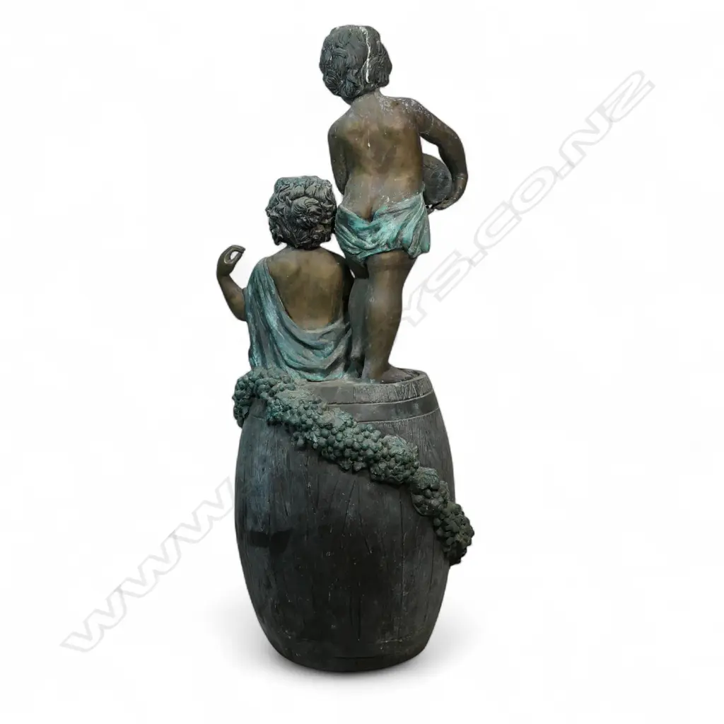 A very large bronze figure group of two children upon a wine barrel, Image 1++