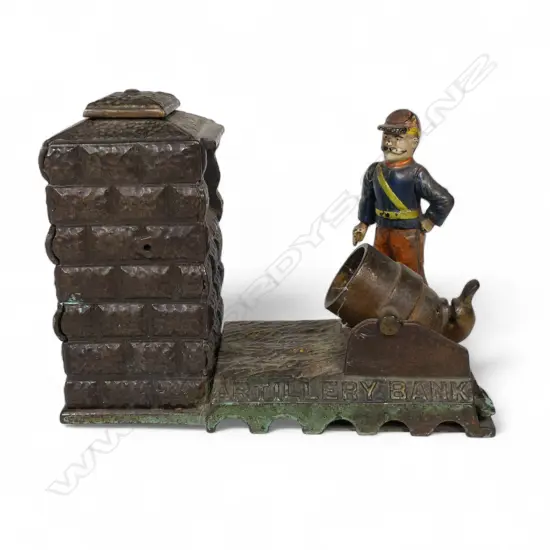 An original 19thC cast-iron mechanical 'Artillery Bank' money bank,
