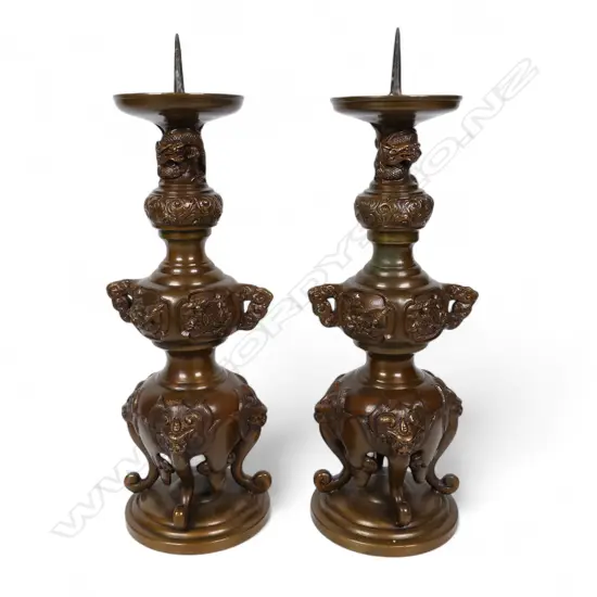 A pair of vintage oriental heavy bronze pricket candlesticks,