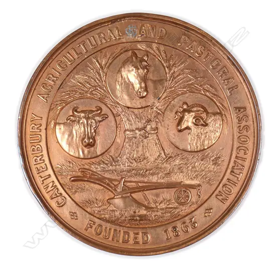 Bronze 'CANTERBURY AGRICULTURAL AND PASTORAL ASSOC' medal, 'Founded' 1863. Dated 1896. cased