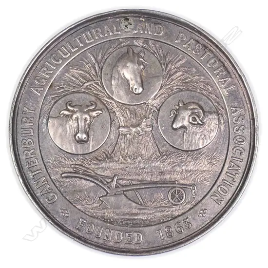 White metal 'CANTERBURY AGRICULTURAL AND PASTORAL ASSOC' medal 'Founded' 1863. Dated 1891