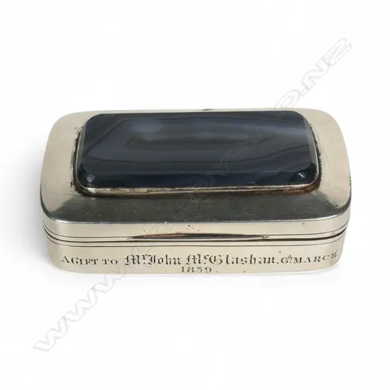 An early Victorian silver and banded agate set box,