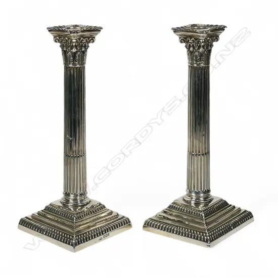 Pair of Victorian silver Corinthian column candlesticks,