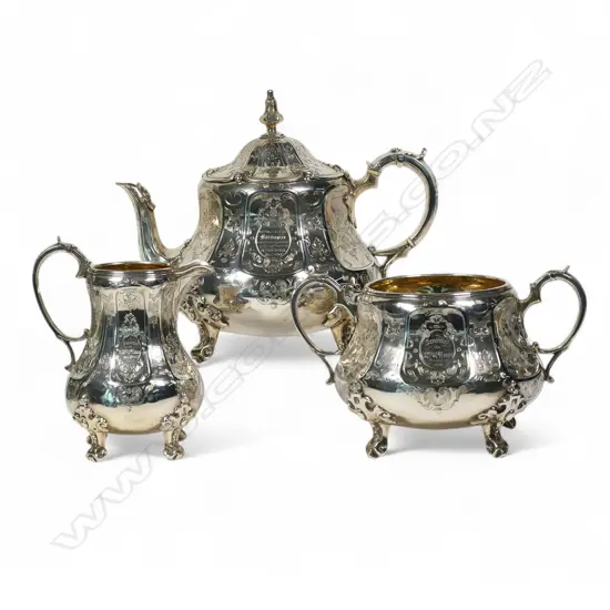 A fancy Victorian silver three-piece tea service,