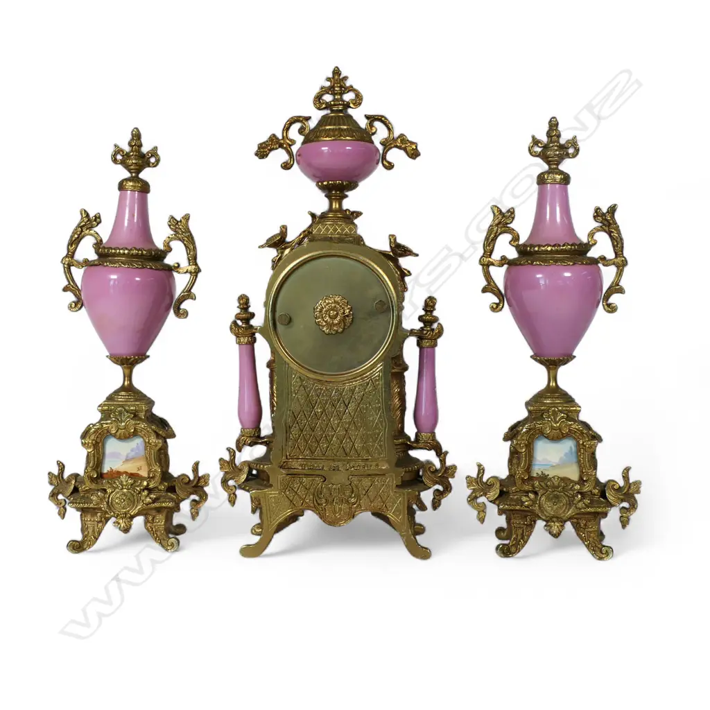 A French antique style 20thC three-piece clock garniture set, Image 1++