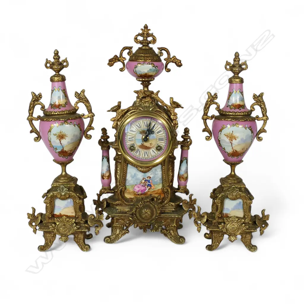 A French antique style 20thC three-piece clock garniture set, Image 1++