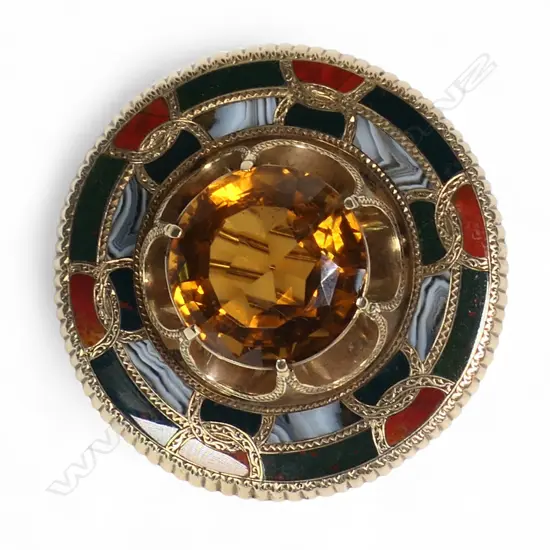 A late Victorian Scottish 9ct gold agate and citrine large brooch,