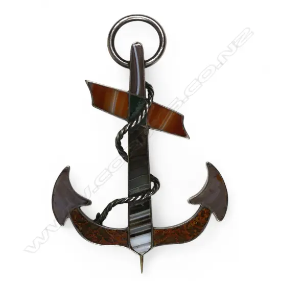A large Victorian silver and agate fouled anchor brooch,