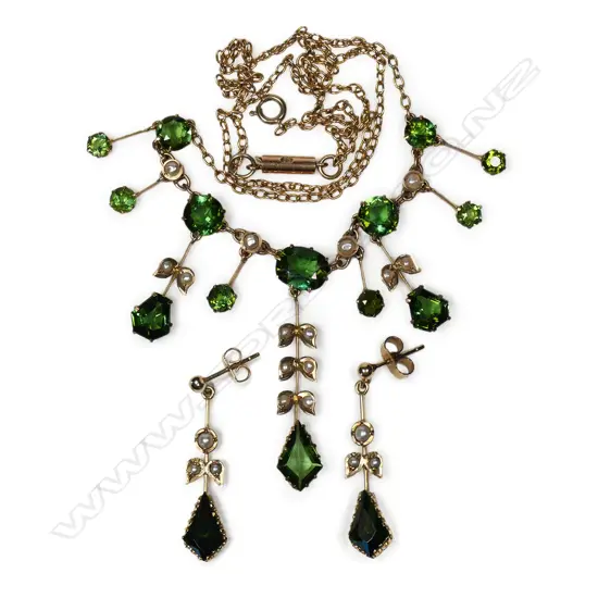 An Edwardian 9ct gold tourmaline and pearl necklace and earring set,
