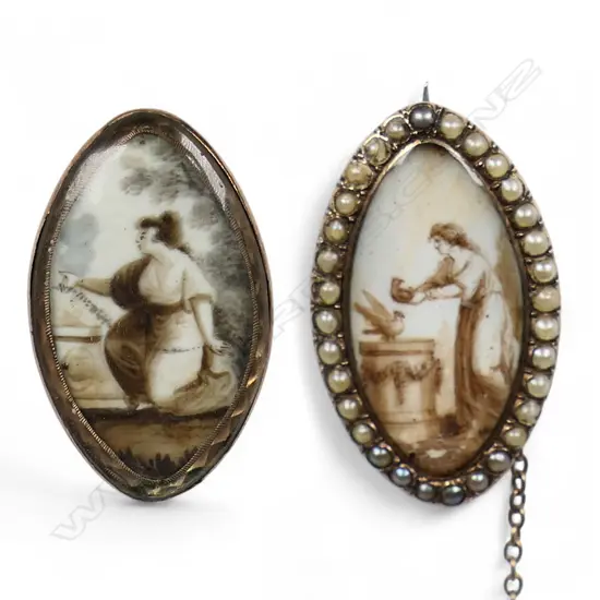 Two early 19thC hand painted on ivory mourning items,