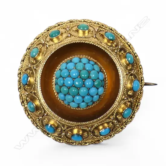 Victorian Etruscan revival 9ct gold and turquoise brooch,