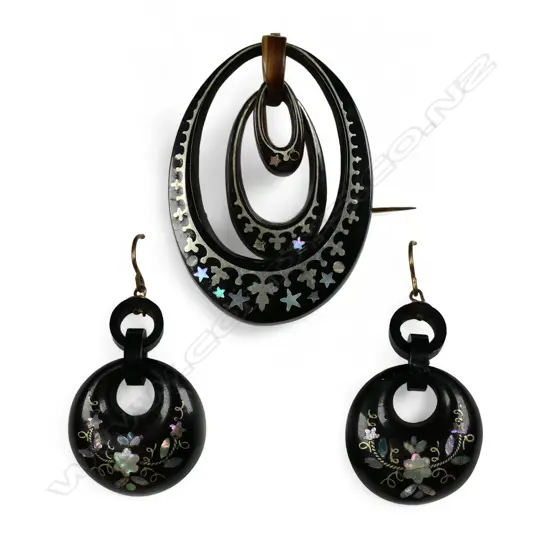 Victorian pique tortoiseshell brooch and pair of earrings,