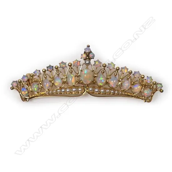 A late Victorian 15ct yellow gold opal and seed pearl crown form brooch,