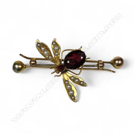 A 9ct gold pearl and garnet insect brooch,