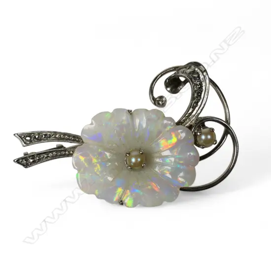 A 15ct white gold opal and pearl brooch,