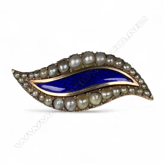 An antique 9ct gold pearl and blue enamel brooch,