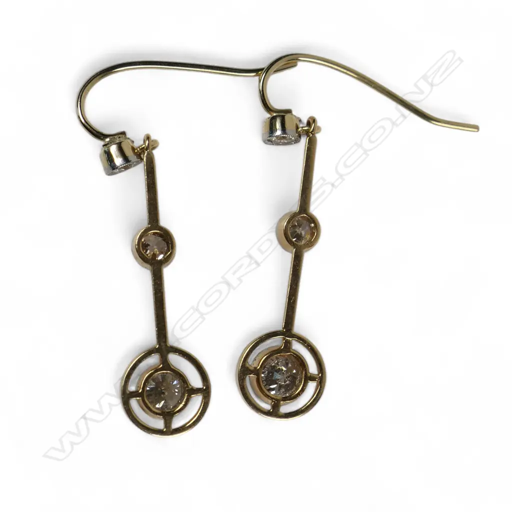 A pair of 9ct gold and diamond drop earrings, Image 1++