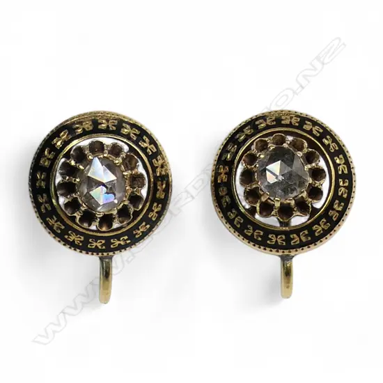 A pair of Victorian 18ct gold diamond and enamel earrings,