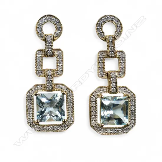 A pair of 14ct gold aquamarine and diamond drop earrings,