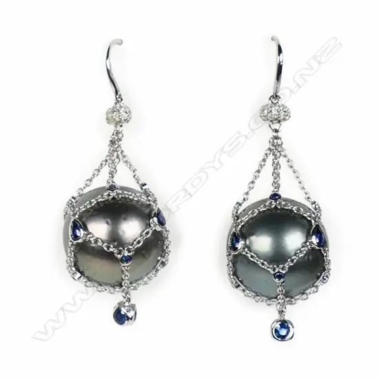 A pair of 14ct white gold Tahitian pearl, sapphire and diamond cage earrings,
