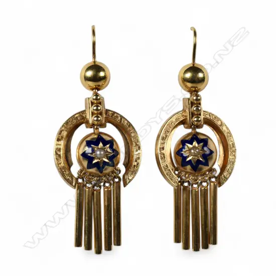 A pair of quality Victorian gold enamel and pearl drop earrings,