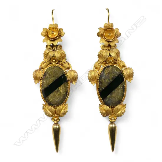 An exceptional pair of gilded gold and gold bearing quartz drop earrings,