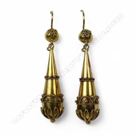 A pair of Victorian Etruscan 9ct gold drop earrings,