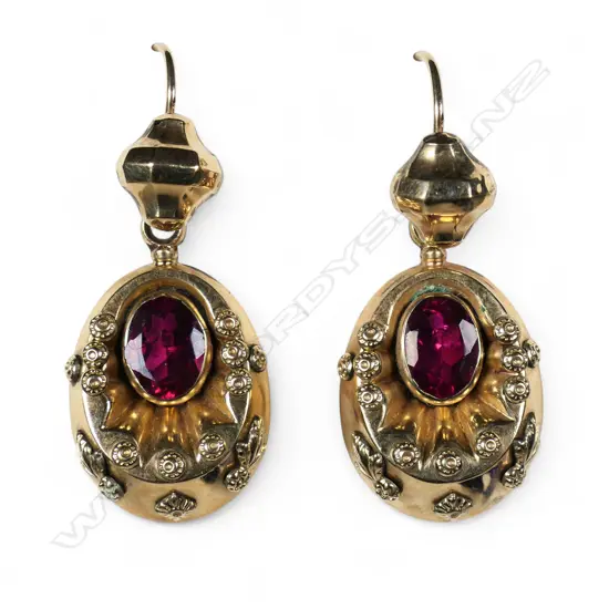 A pair of vintage 9ct gold and garnet drop earrings,