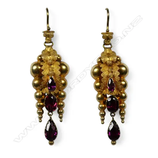 A pair of early colonial 9ct gold garnet drop earrings,