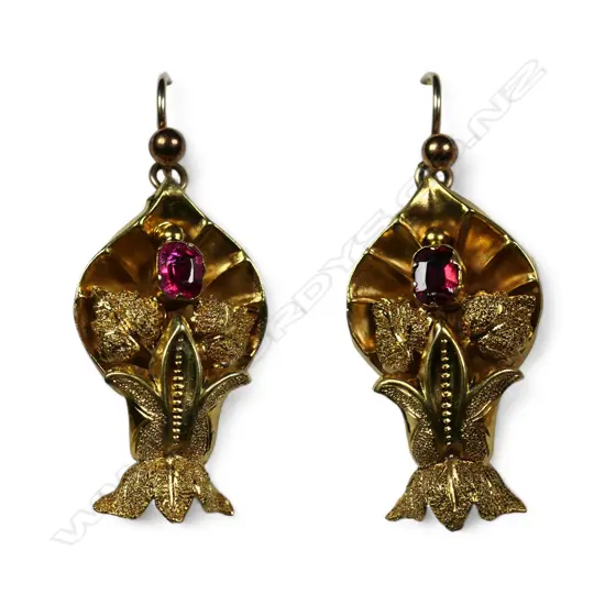 A pair of Victorian 9ct gold and red stone earrings,