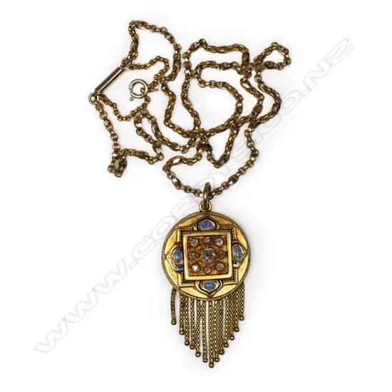 A Victorian 9ct gold diamond and opal pendant on chain,