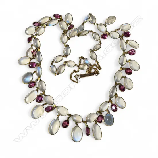 An Edwardian 9ct gold moonstone and garnet necklace,