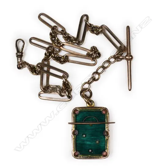 A c.1900 9ct gold Albert chain with pool table locket,