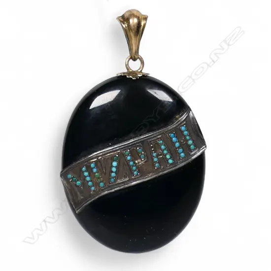 A Victorian black enamelled and gem set 'MIZPAH' large pendant,