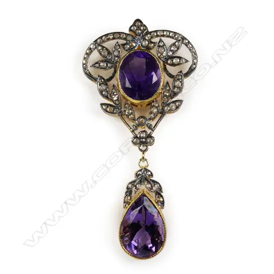 An antique style belle epoque silver gilt amethyst and diamond pendant,
