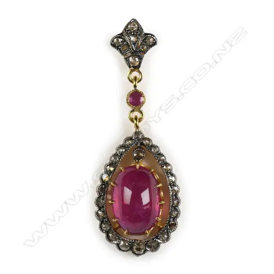 An antique style silver gilt belle epoque diamond and ruby pendant,