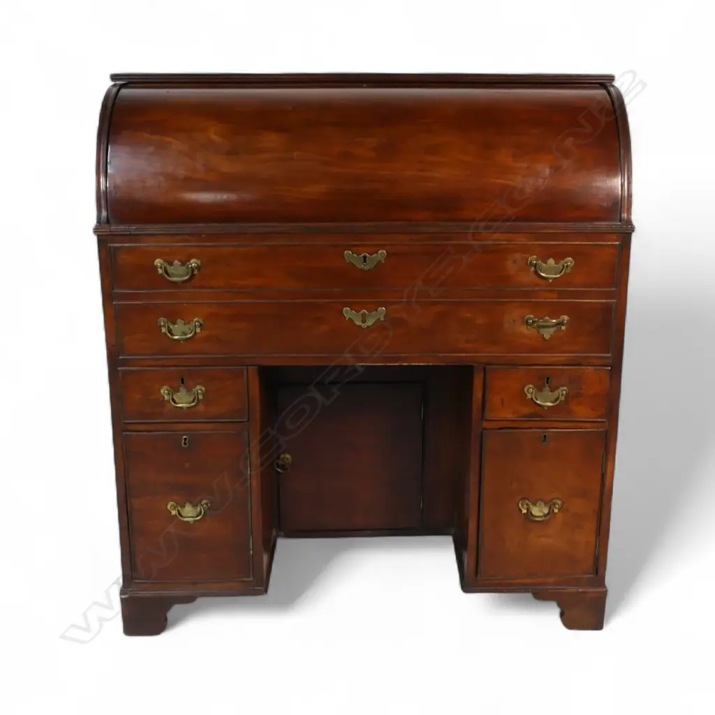 A rare 19thC mahogany drum front pedestal bureau, Image 1++