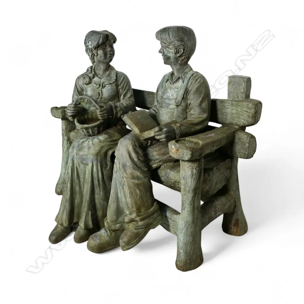 A very large and heavy cast bronze sculpture of a young farming couple seated upon a log bench, Image 1++