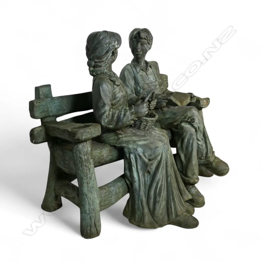 A very large and heavy cast bronze sculpture of a young farming couple seated upon a log bench, Image 1++