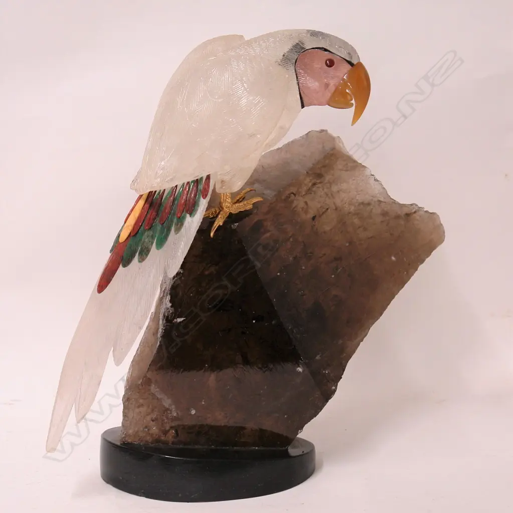 A large and impressive rock crystal carved parrot on quartz crystal slab base Image 1++