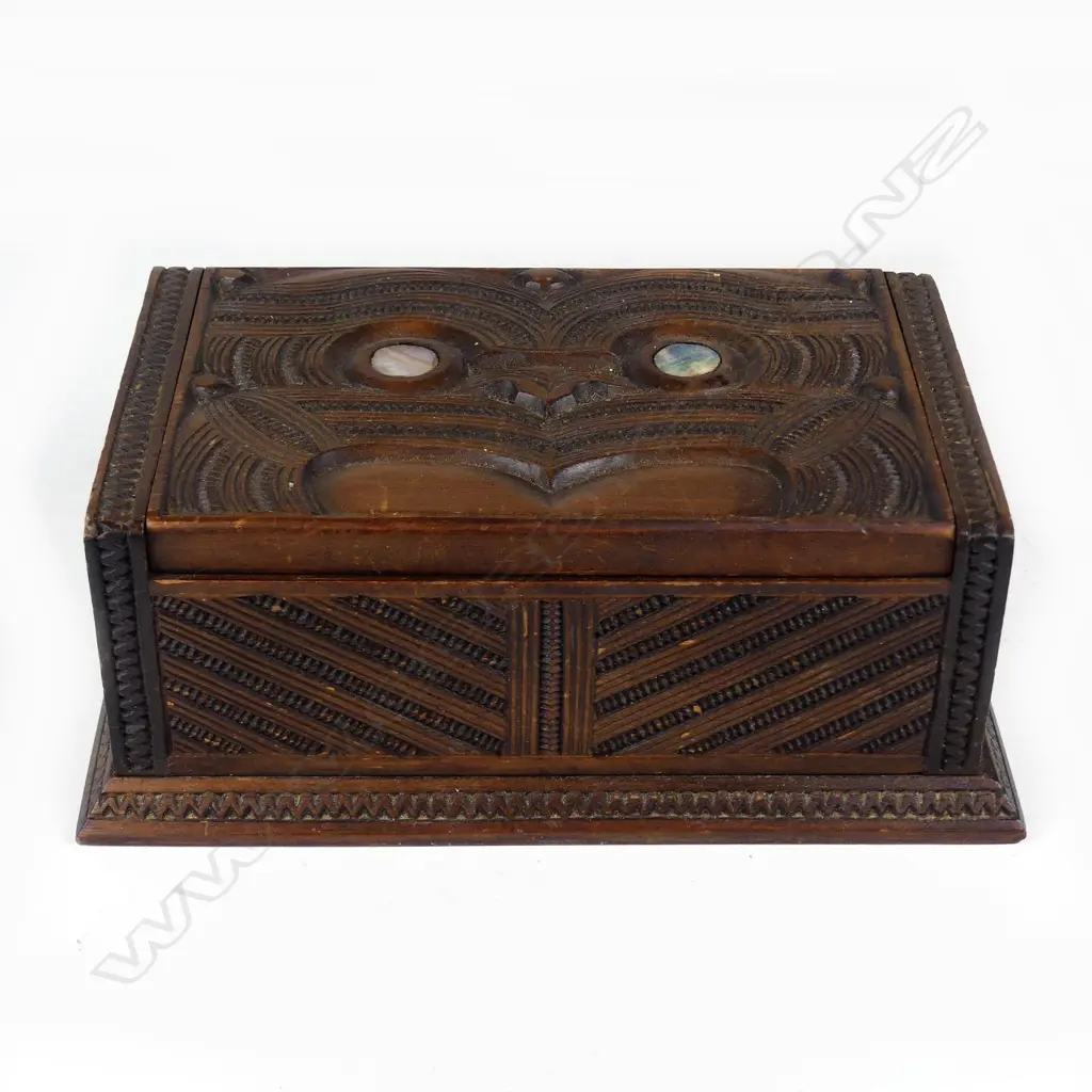 An uncommon Maori carved hinged lidded box 'TAPU' by P.H. Leonard of Rotorua Image 1++