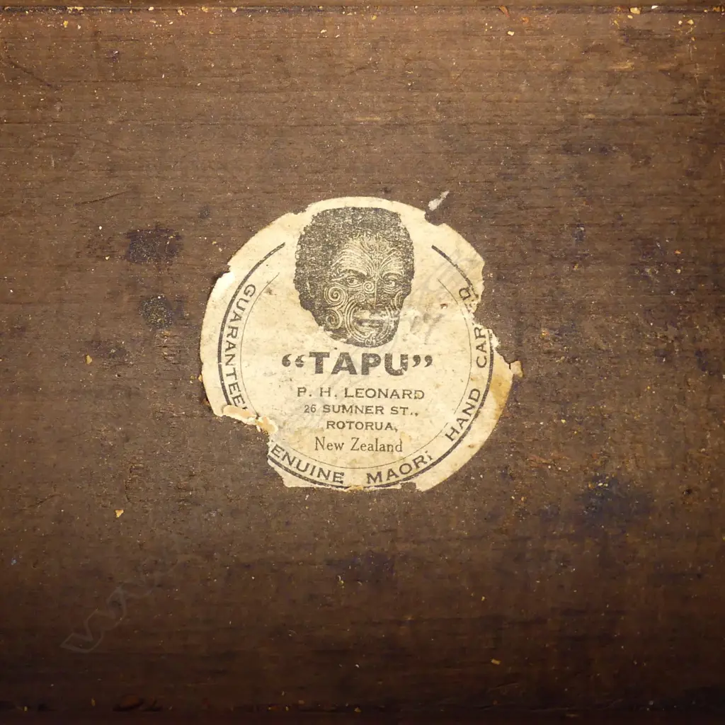 An uncommon Maori carved hinged lidded box 'TAPU' by P.H. Leonard of Rotorua Image 1++