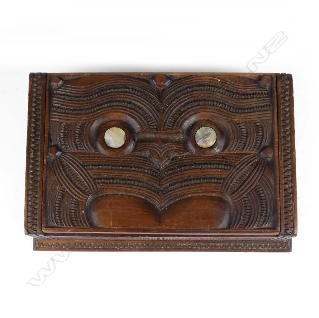 An uncommon Maori carved hinged lidded box 'TAPU' by P.H. Leonard of Rotorua Image 1++