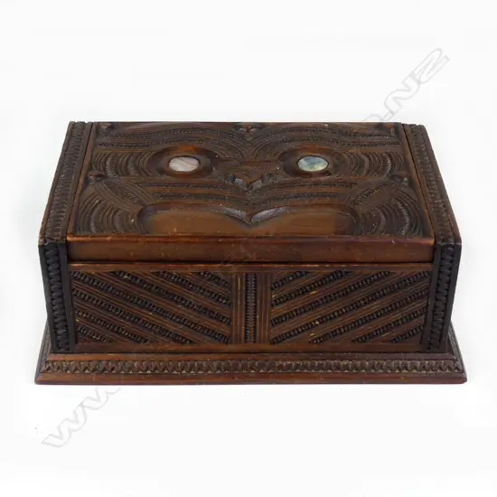 An uncommon Maori carved hinged lidded box 'TAPU' by P.H. Leonard of Rotorua