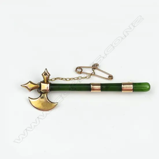 A N.Z. greenstone and 9ct gold battle-axe brooch