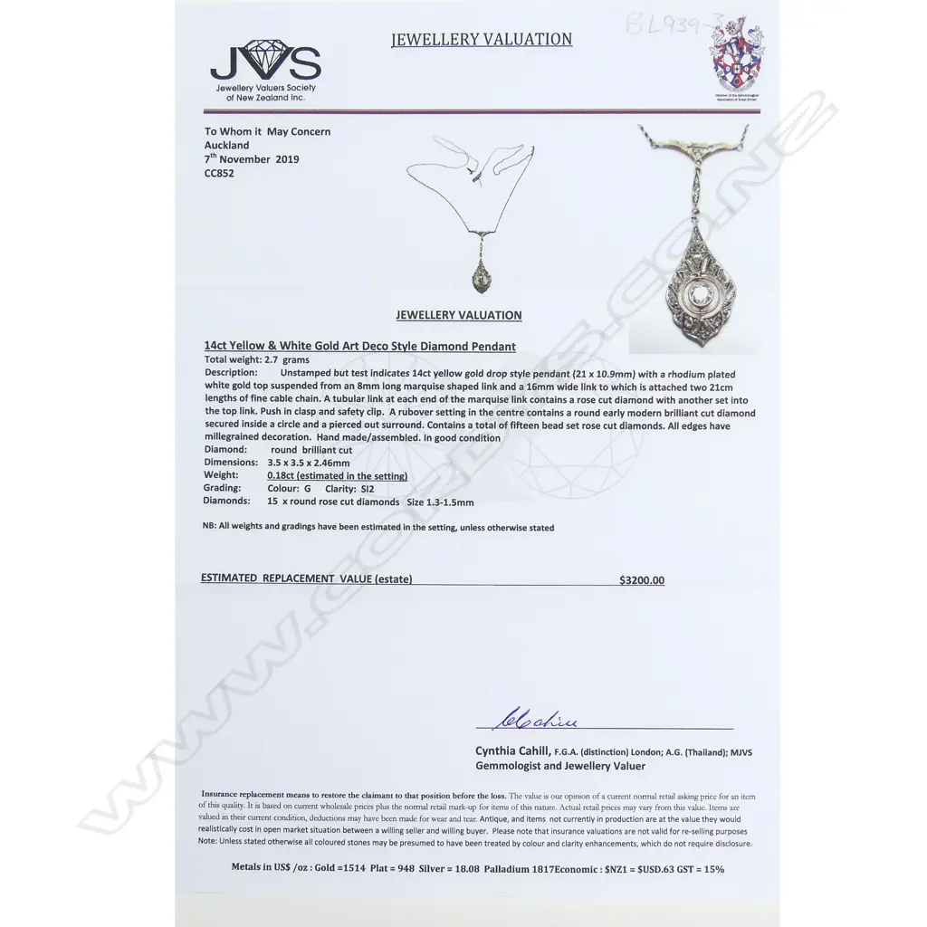 A 14ct white and yellow gold Art Deco style pendant Image 1++